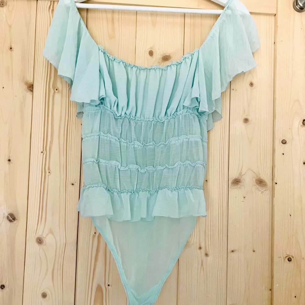 NEW! FREE PEOPLE Ruffled Juliet Body Suit Light Aqua S